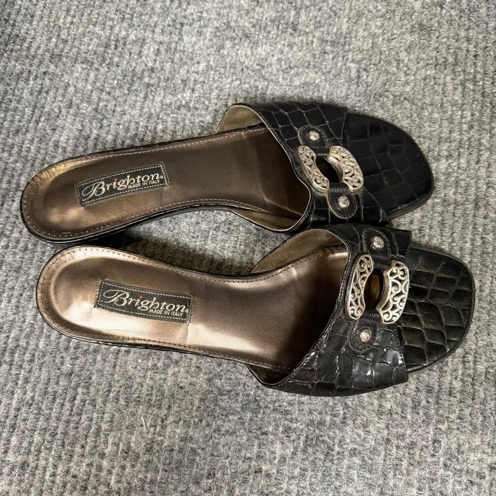 Vintage Brighton Lady Slide Sandals Womens 9 M Black Croc Leather Italy Ornate